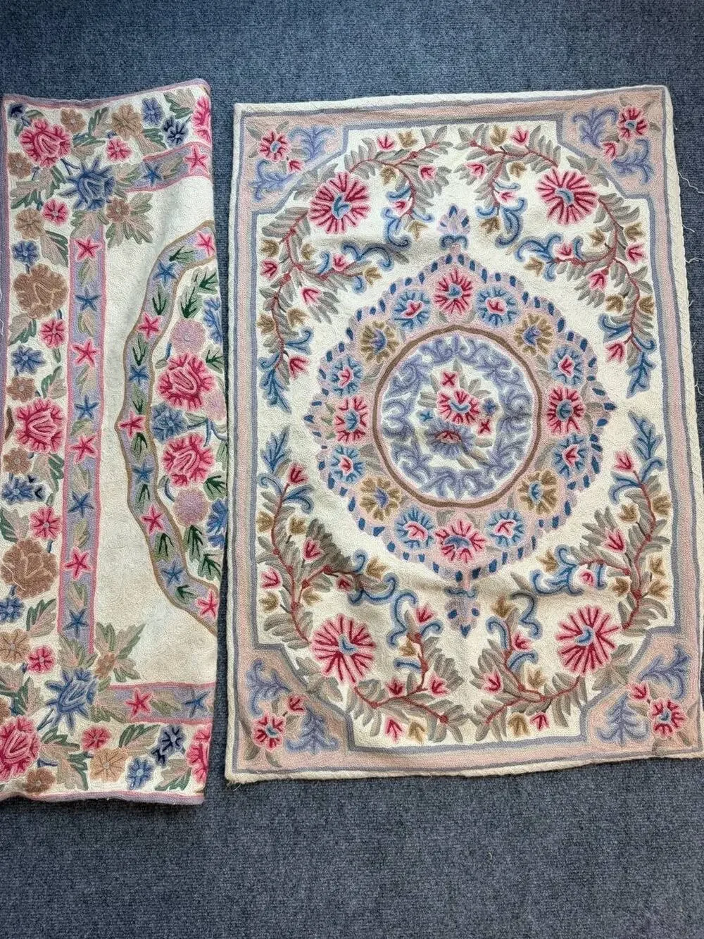 Vintage Crewel Embroidered Wool Pillow Covers Floral Needlepoint Set of 2